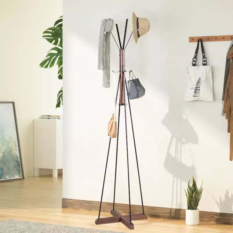 Okak Industrail Freestanding Coat Rack with Wooden Cross Base, Unique Storage Rack with 8 Hooks, Coat Tree for Living Room, Bedroom, Natural