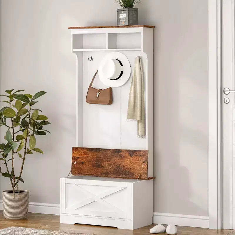 Okak Farmhouse Hall Tree with 3 Metal Hooks, Coat Tree with Shoe Bench and Large Cabinet, Coat Rack for Living Room, Bedroom, White