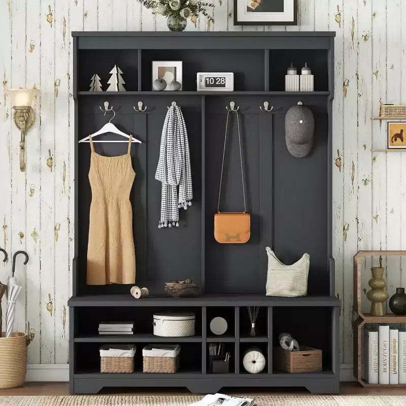 Okak Modern Hall Tree with 6 Metal Hooks and Ample Storage, Coat Rack with Shoe Cubbies and Bench, Coat Tree for Living Room, Entryway, Black