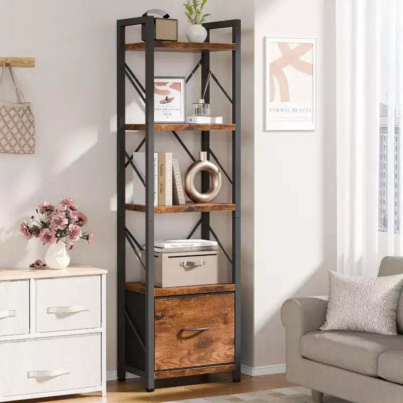 Celebalcony 5 Tier Bookcase with Drawer, Modern Tall Storage Organizer, Industrial Book Shelves for Bedroom, Living Room, Office, Rustic Brown