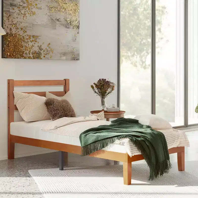 MAYEERTY 1100 LBS Heavy Duty Solid Wood Bed Frame Mattress Base with Headboard Wooden Slat Support No Box Spring Needed