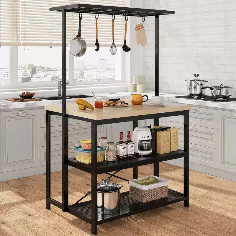 COZONY Kitchen Island with Power Outlets, Mobile Bakers Rack with 3 Shelves & Hooks