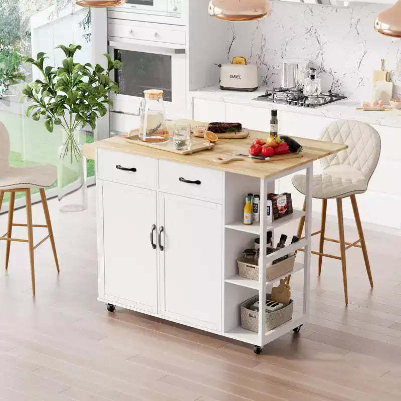 43 White Rolling Kitchen Island Cart C Fold-Down Drop-Leaf Table with Storage Drawer & Towel Rack, Mobile Breakfast Bar for Kitchen & Dining