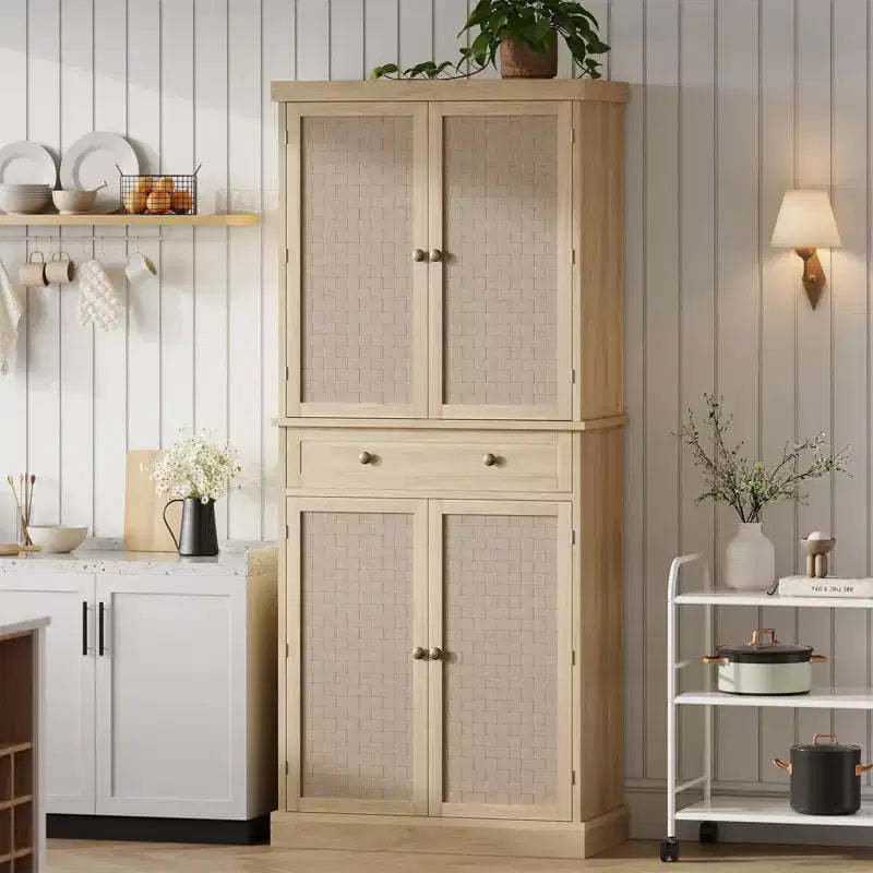 72 Wood Color Farmhouse Pantry Cabinet C 4-Door Tall Kitchen Storage with Adjustable Shelves & Drawer for Dining/Living Room
