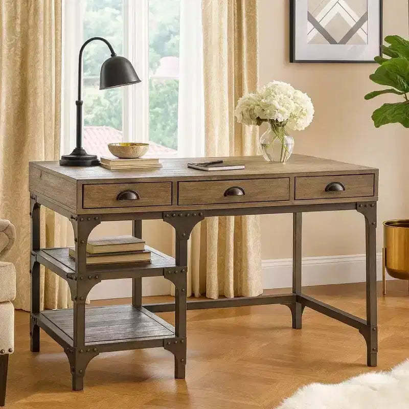 Royal Hampton Wood And Metal Desk With Three Drawers And Two Side Shelves, Oak Brown And Gray