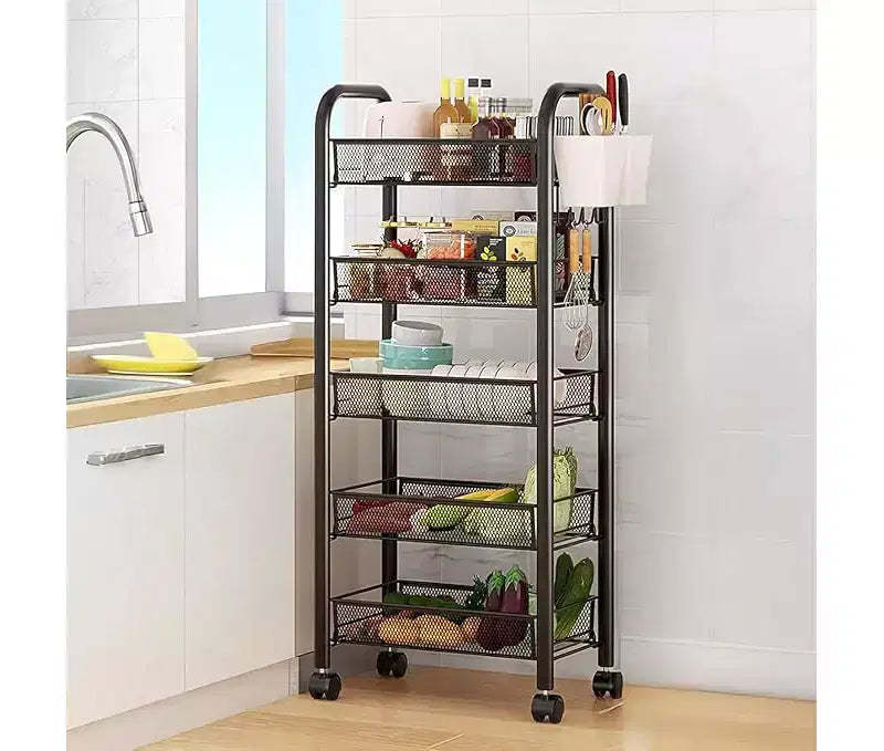 5 Tier Rolling Utility racks, Storage Metal Rolling Cart with Wheels, Rolling Metal racks for Fruits Vegetables Snacks Bowl&Dishes