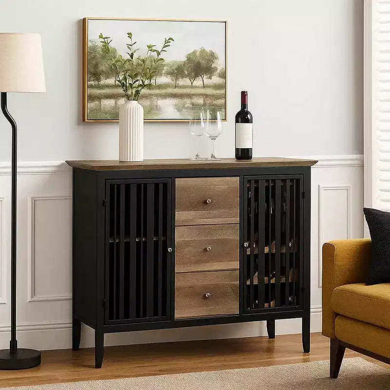 Royal Hampton 47 Inch Sideboard Buffet, 3 Drawers, Antique Oak Brown and Black