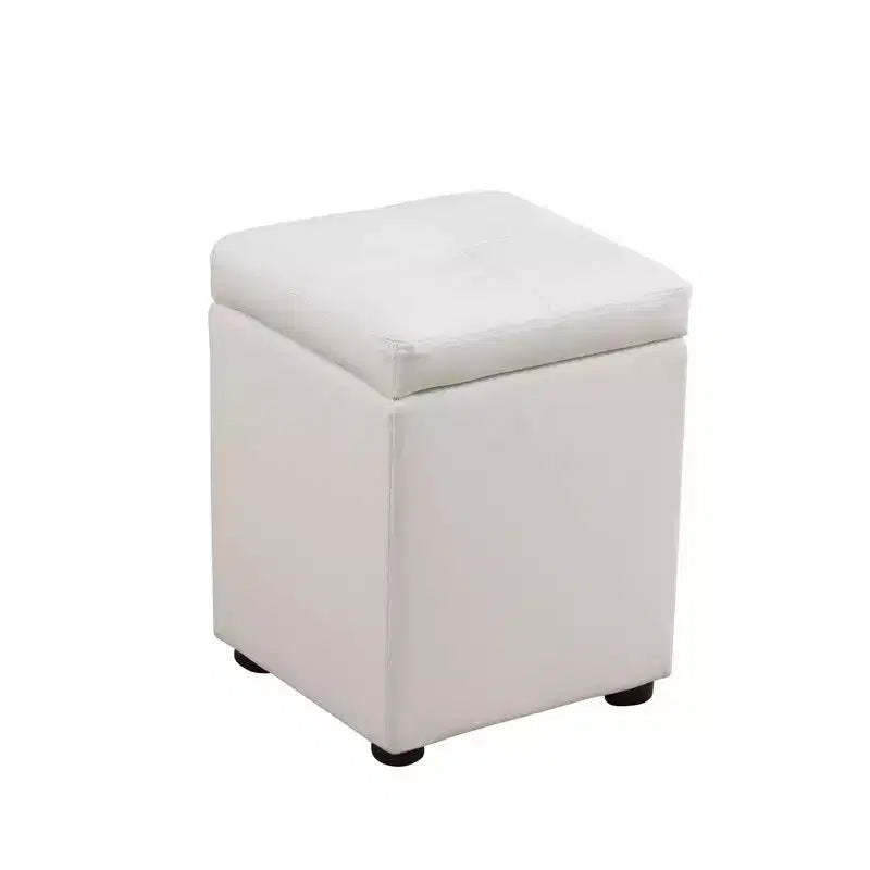 Hyleory Square White Storage Ottoman with Faux Leather Upholstery