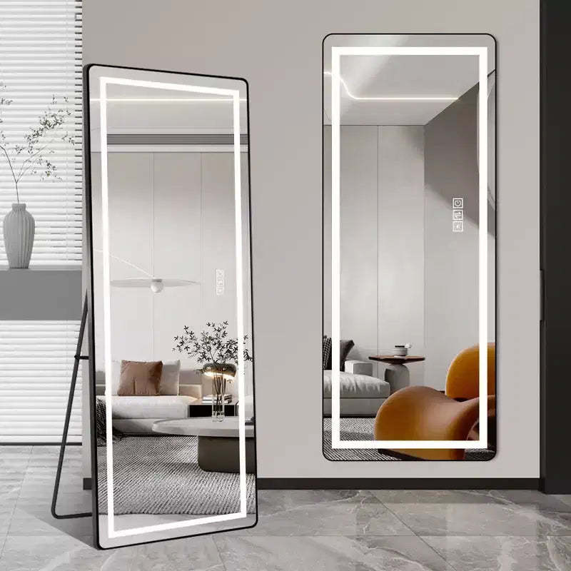 64 x 21 Inch Black Aluminum Alloy Thin Frame Full Length Mirror with LED Light, Illuminated Floor Mirror with Bracket for Bedroom