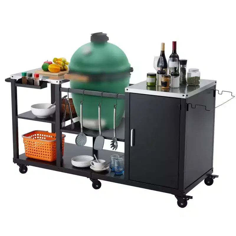 GustoWave Heavy-Duty Grill Table for Large Big Green Egg, Outdoor Prep Station with Storage, Stainless Steel Top, Locking Wheels - Black