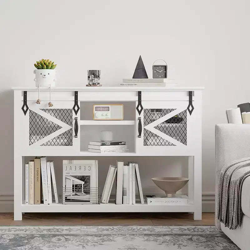 COZONY Farmhouse Entryway Table with Sliding Barn Doors, Industrial Console Table with Storage