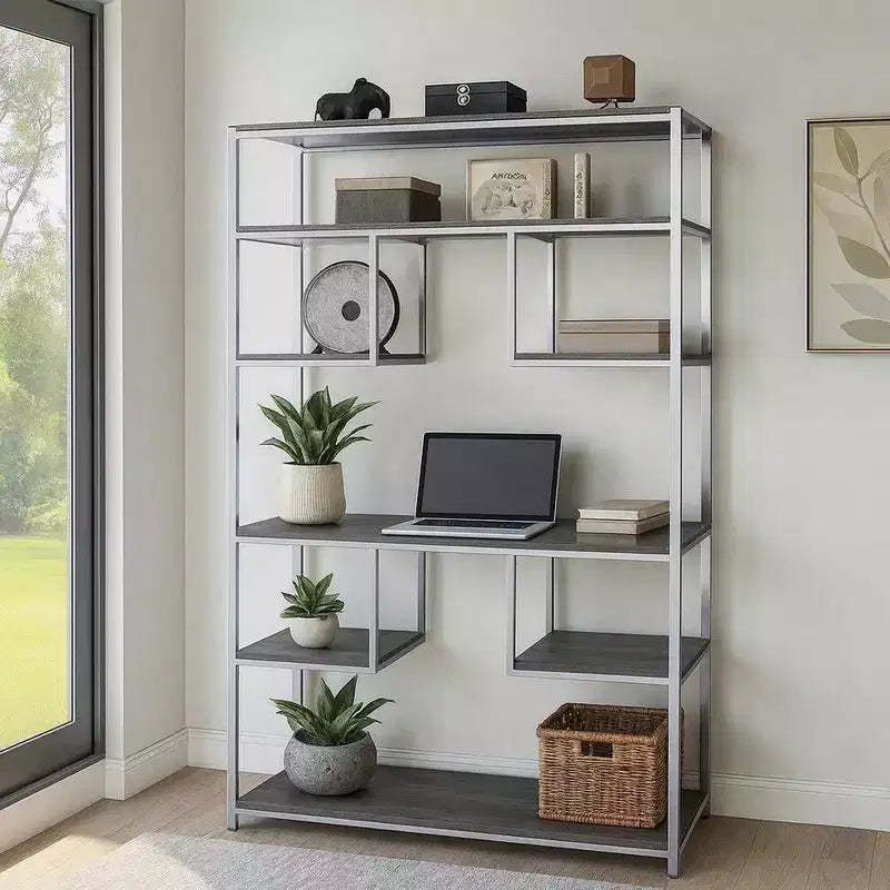 Royal Hampton Bookshelf with 7 Shelves and Geometric Pattern,Silver and Dark Gray