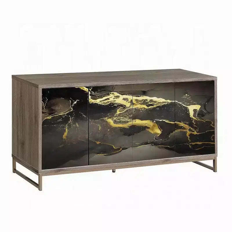 Royal Hampton Sideboard Console Cabinet, Black Marble Look, Brown Wood 65 Inch