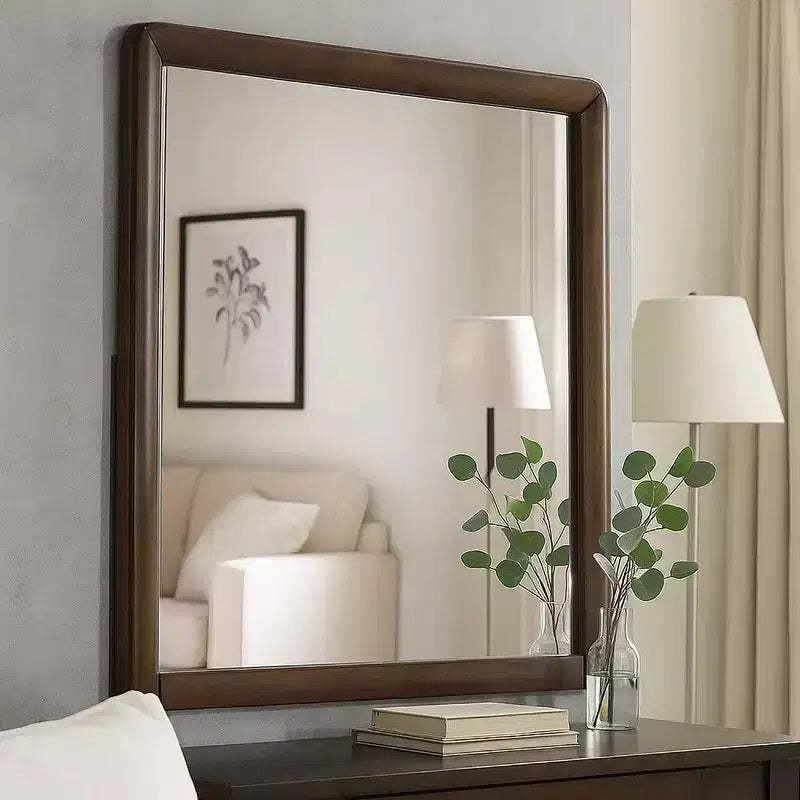 Royal Hampton Dresser Mirror, 32 Inch Rectangular Frame, Round Edges, Brown Wood