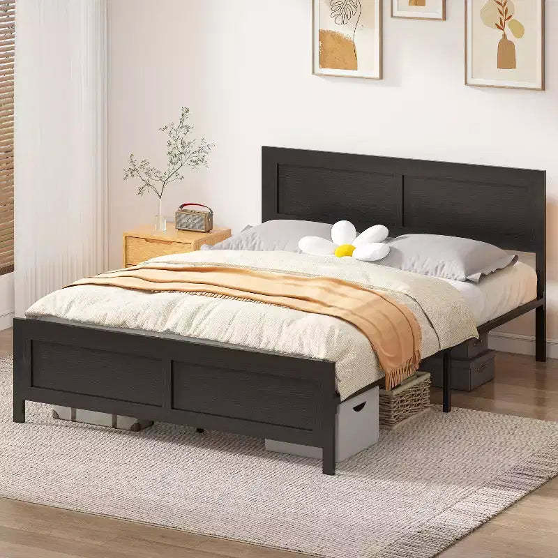 Dyonery Full/Queen Size Bed Frame, Metal Platform Bed Frame with Wooden Headboard with Rivet, Heavy Duty Iron Slats Support, Large Under-Bed Storage.