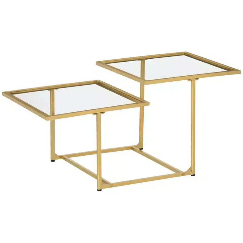 Coffee Table, Tempered Glass Coffee Table with 2 Square Tabletops, Modern Coffee Tables for Living Room, Bedroom