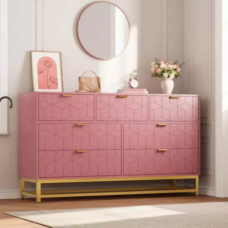 GustoWave Modern Pink 7-Drawer Dresser with Gold Accents, Chest of Drawers for Bedroom, Living Room, Large Storage Organizer with Anti-Tip