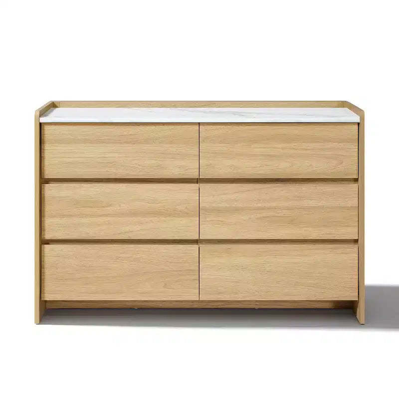 LuxenHome 47.2 Hazel Oak 6-Drawer Dresser with Raised Sides, Faux Marble Top, Durable Manufactured Wood Brown