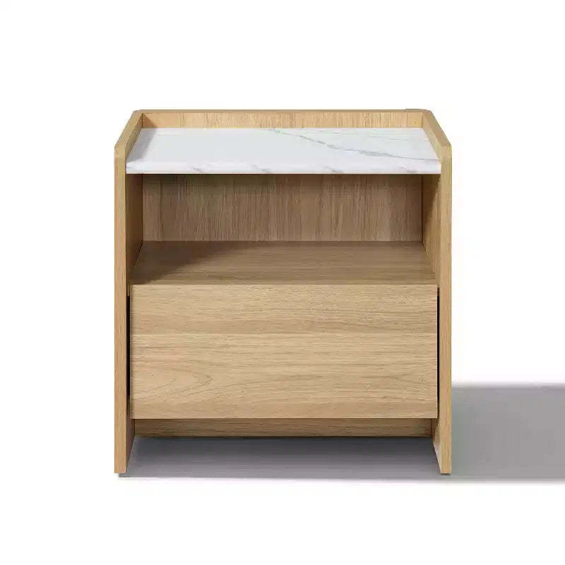 LuxenHome 23 Oak Nightstand with Faux Marble Top, Wood Bediside Table with Open Storage Shelf Brown