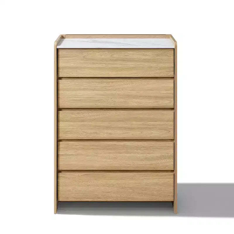 LuxenHome 47.2 Tall Hazel Oak 5-Drawer Chest with Raised Sides, Faux Marble Top, Durable Manufactured Wood Brown