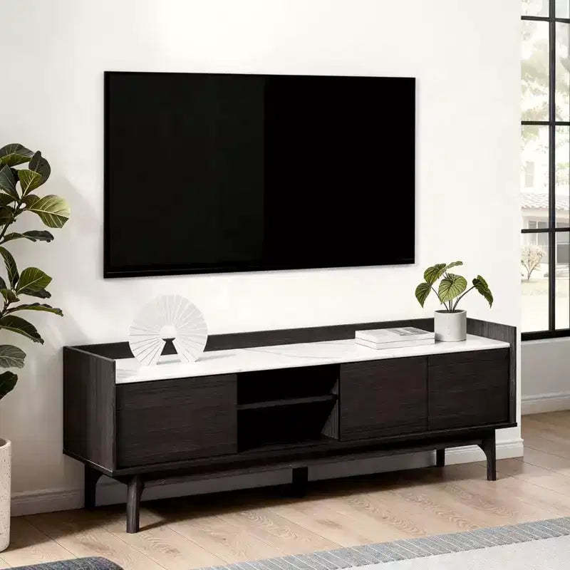 LuxenHome 63 Black TV Stand for TVs up to 65, Faux Marble-Top Media Console Brown
