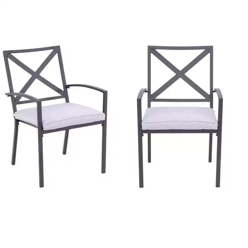 HomeRoots Set of Two Dark Gray Aluminum Outdoor Stacking Dining Chairs with Light Gray Cushion