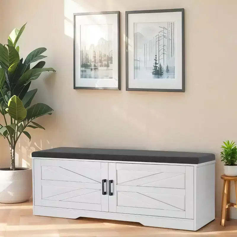 GDFStudio Meena 39W Farmhouse 2-Tier Shoe Storage Bench with Cushion