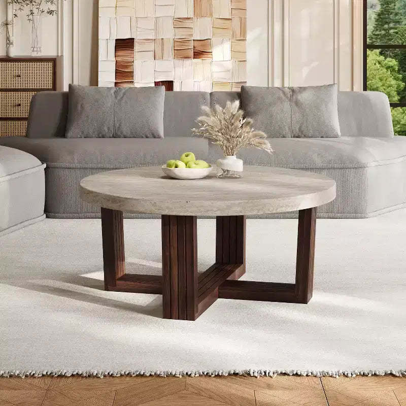 Christopher Knight Home Zarya Modern Round Coffee Table with Marble Pattern Top and Cross Base