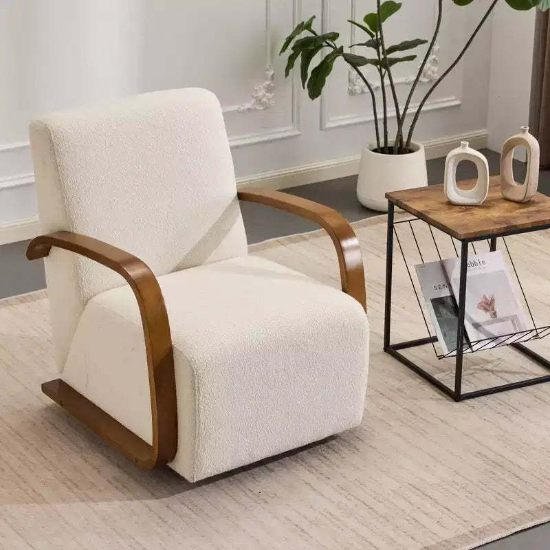Zeus & Ruta Mid-Century Modern Cream Upholstered 360 Swivel Accent Chair with Solid Wood Curved Arms