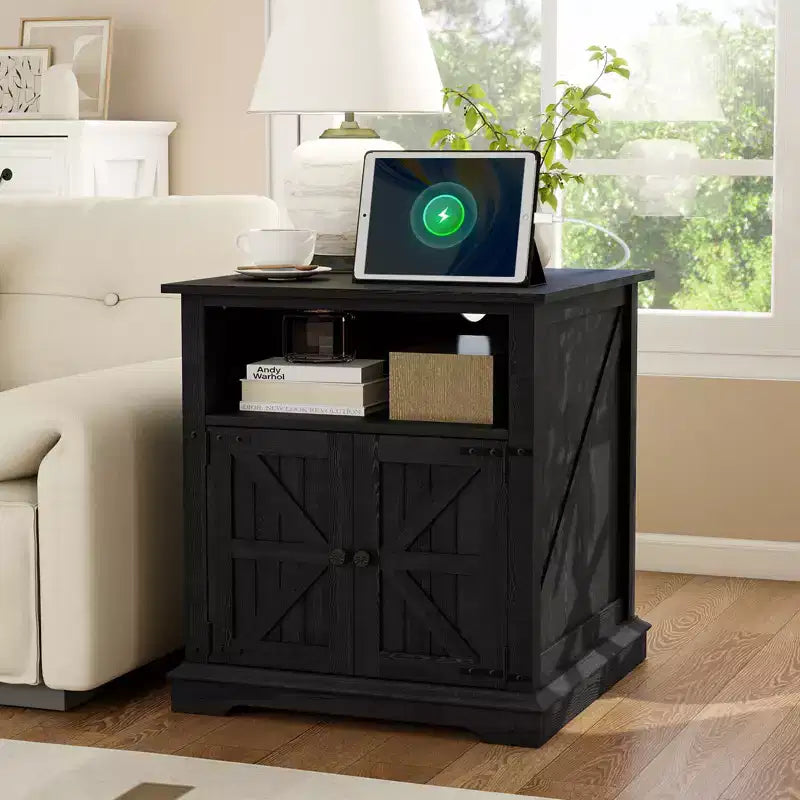 Dyonery End Table with Charging Station, 24 Inch Farmhouse Side Tables Living Room, Wood Rustic Nightstand, Bedside Table for Bedroom, Black