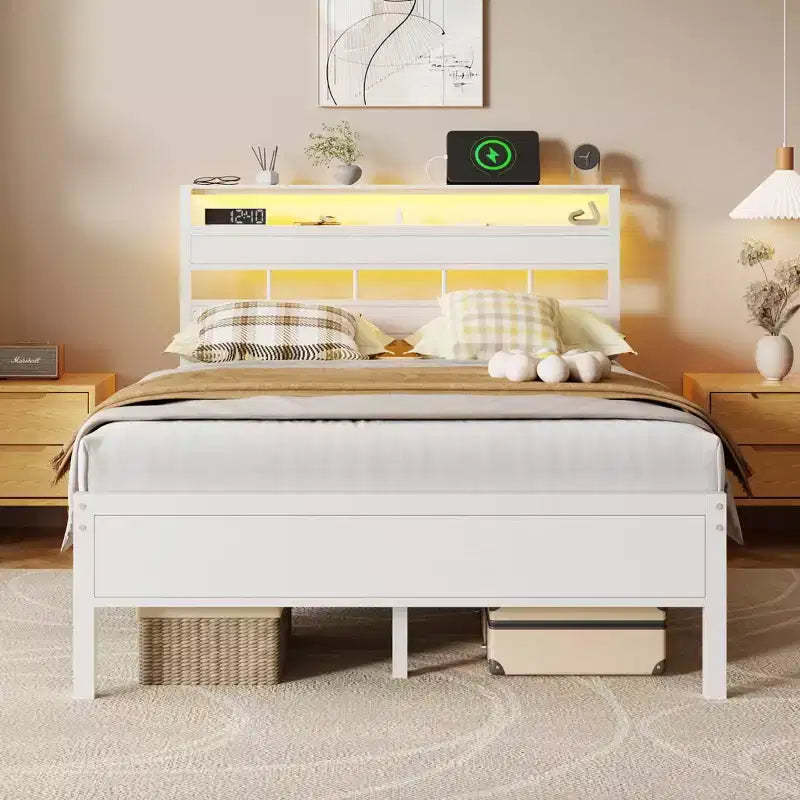 White Full Size Bed Frame With LED Lights Charging Station Storage Headboard Metal Platform No Box Spring Needed Gaming Bedroom Furniture USB Teen