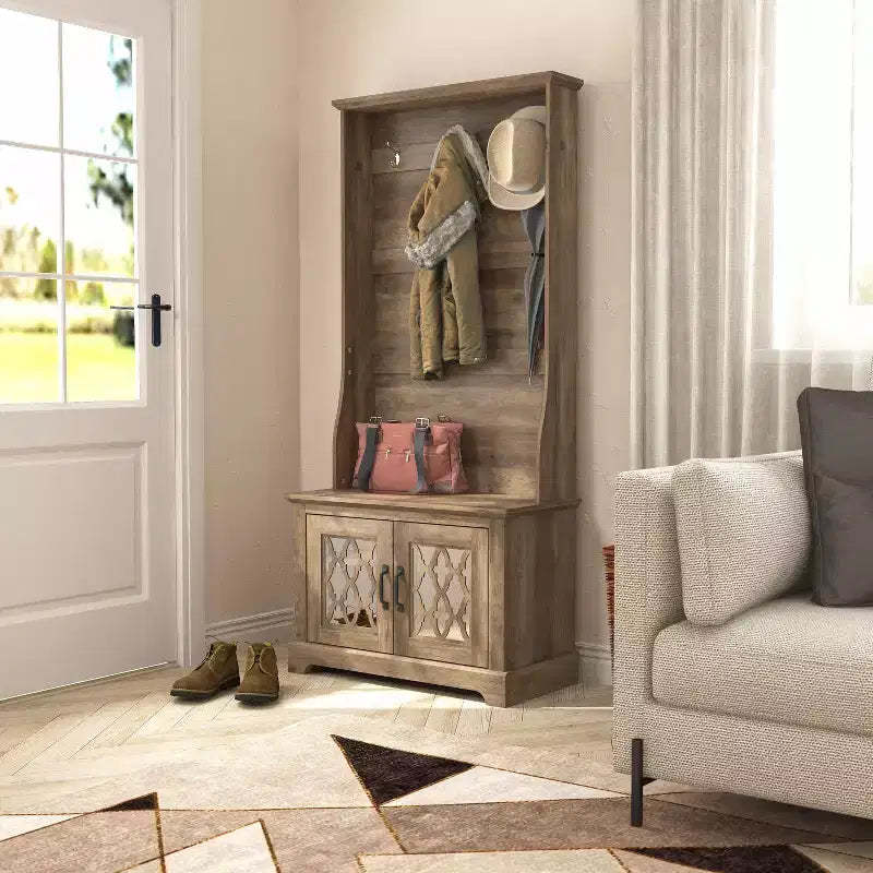 GALANO Hall Tree with Bench and Mirror Door Storage in Knotty Oak 31.3 W x 15.7 D x 68.3 H