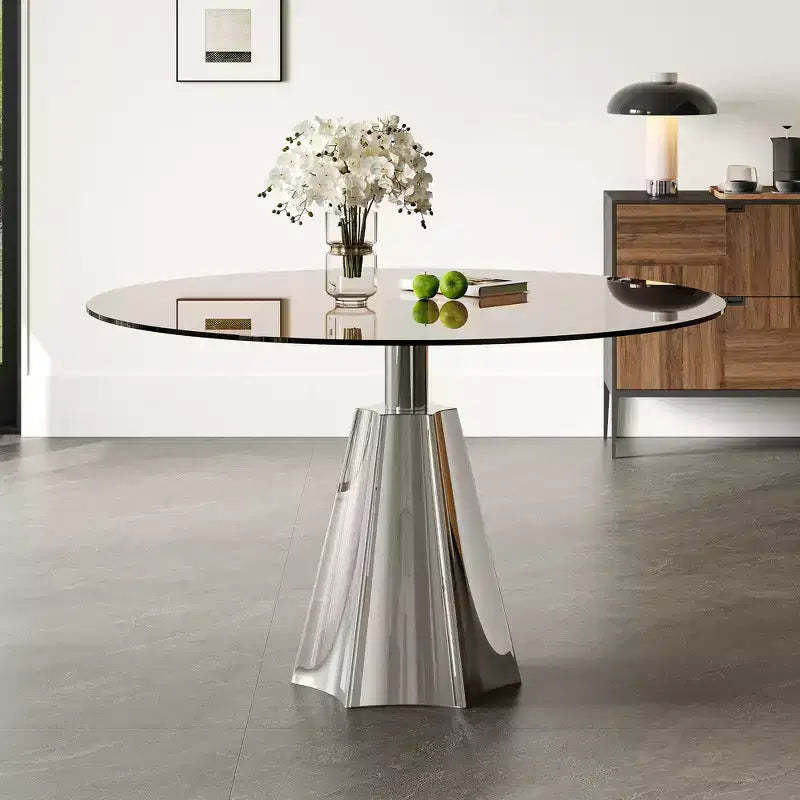 GDFStudio Afton Mid-Century Modern Round Dining Table with Tempered Glass Top and Silver Flared Base