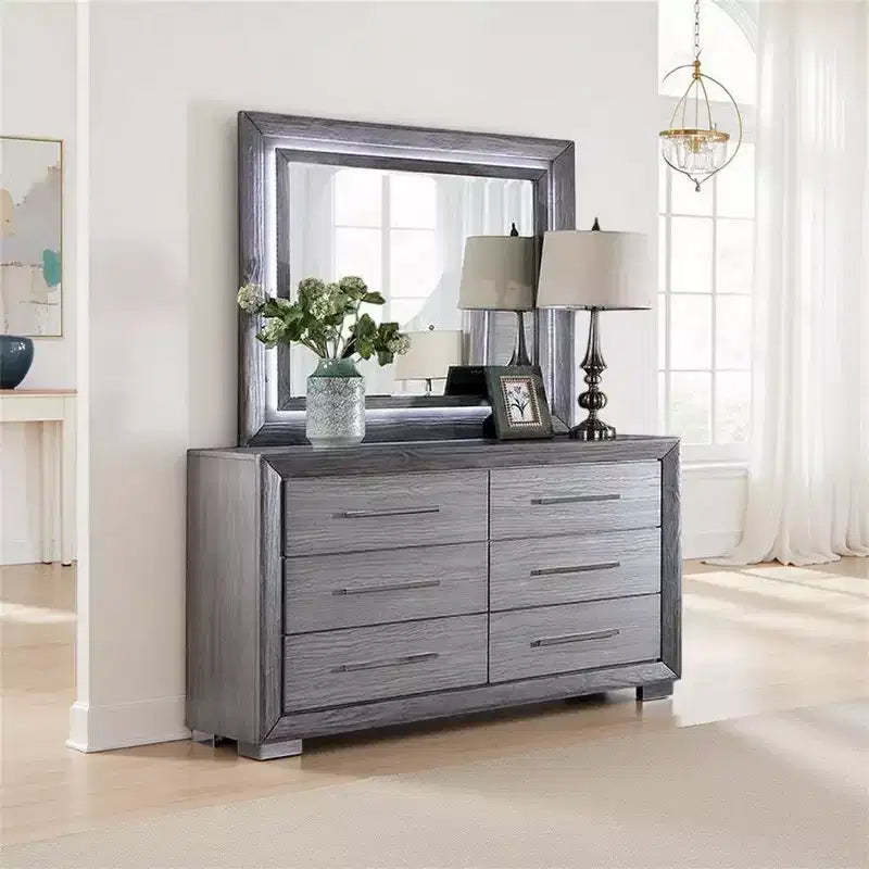 Royal Hampton Dresser Mirror, White LED Lights, 46 Inch Gray Solid Wood Frame