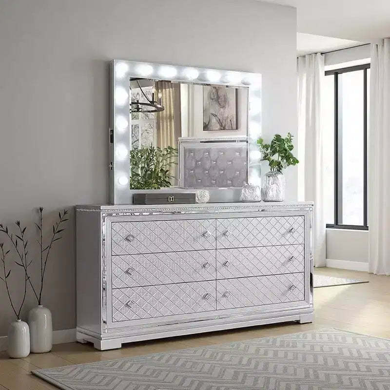 Royal Hampton Dresser Mirror w Light Bulbs, USB and Power, Glam Silver 44 Inch