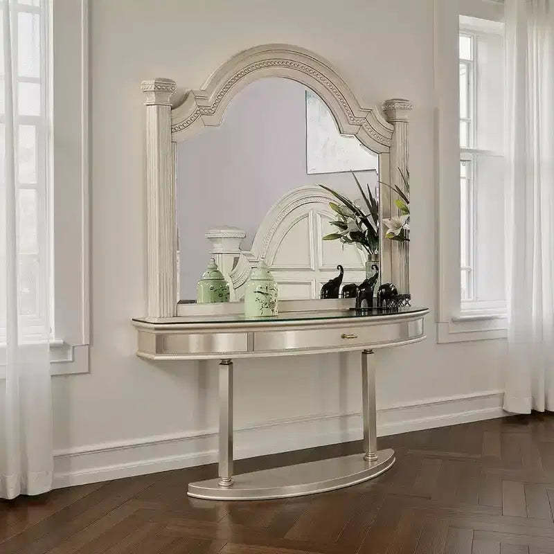 Royal Hampton Dresser Mirror, Reeded Posts, 49 Inch Antique White Bell Frame
