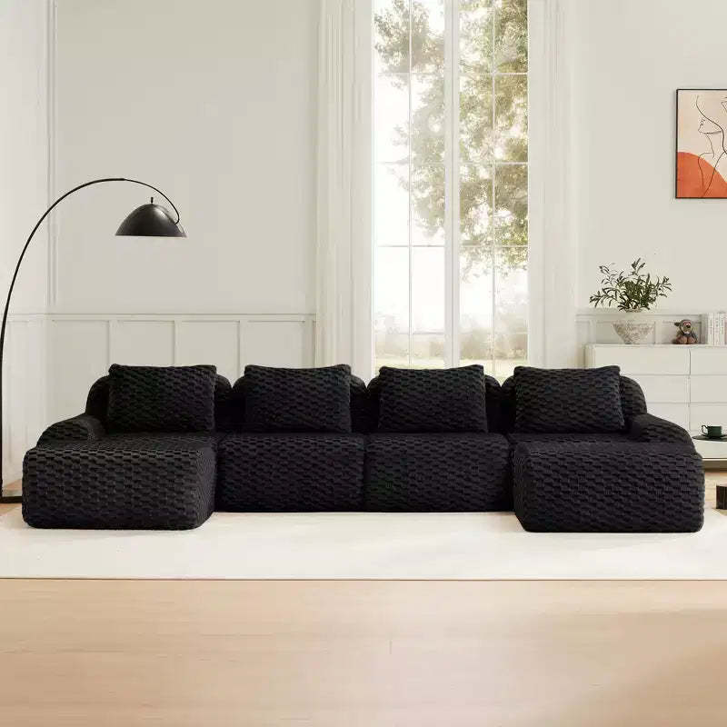 146 U-Shaped Modular Sofa Flannelette 4-Seater Ottoman Buckle No Assembly Black