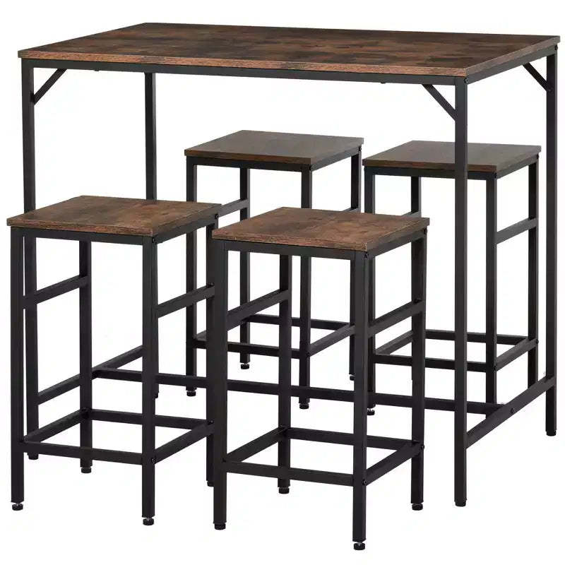 5-Piece Industrial Dining Table Set, Bar Table & 4 Stools Set, Space Saving for Pub & Kitchen/Black