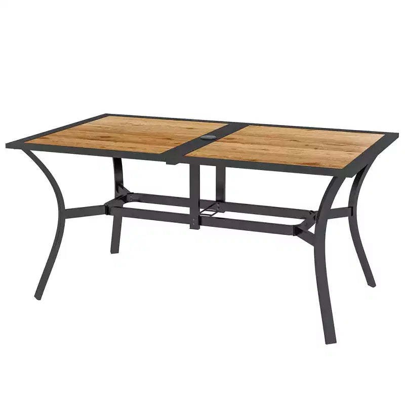 Rectangular Patio Table with Umbrella Hole, Faux Wood Rectangle Outdoor Dining Table for 6 People for Garden