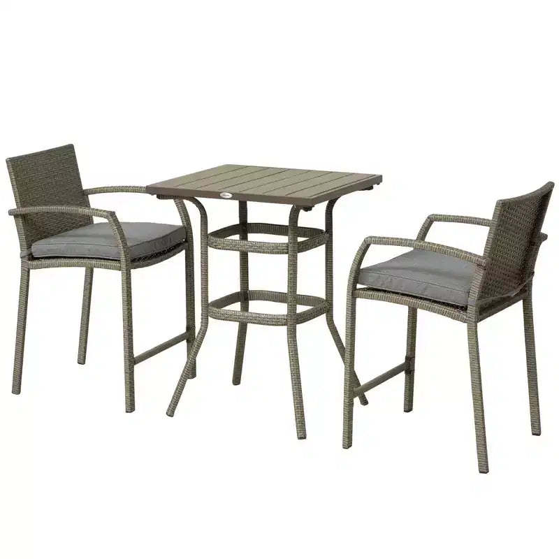 3 PCS Rattan Wicker Bar Set with Wood Grain Top Table and 2 Bar Stools for Outdoor, Patio, Poolside, Garden