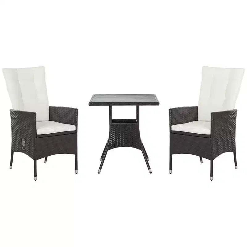 3 Piece Patio Bistro Set, PE Wicker Furniture Conversation Set w/ Tufted Cushion Reclining Chairs & Coffee Table
