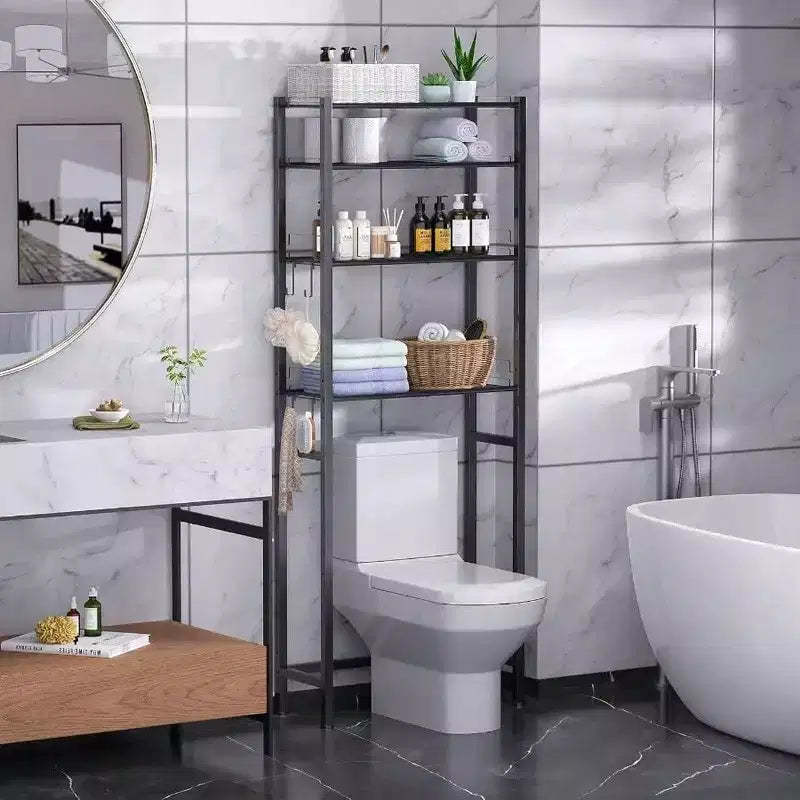 4 Tier Over Toilet Storage Rack Bathroom Organizer Shelves Cabinet Black Adjustable Height Freestanding Space Saver