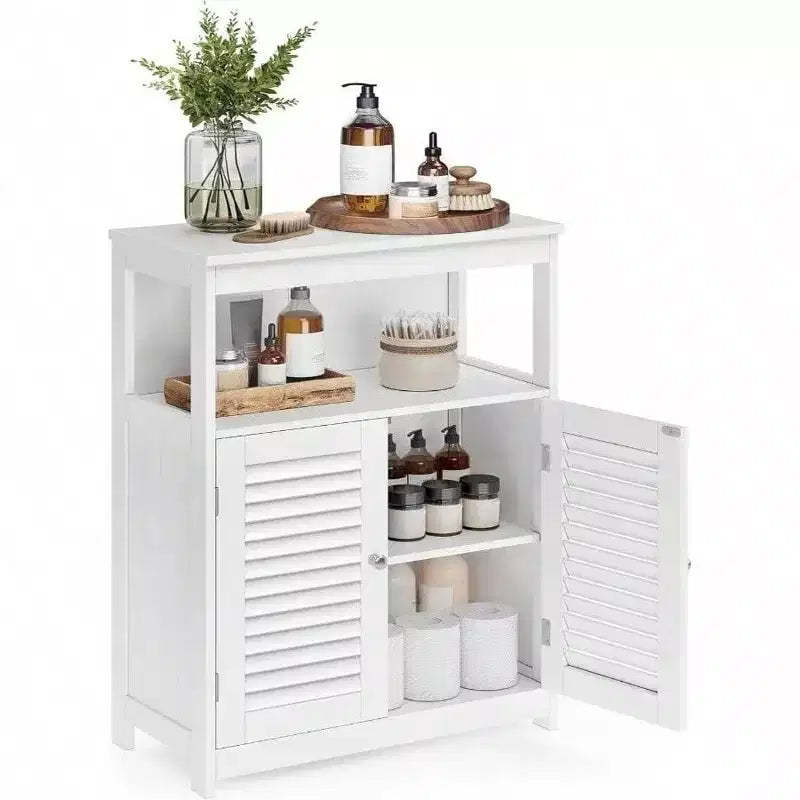 Floor Storage Cabinet, Freestanding with Double Shutter Doors, Adjustable Shelf, White for Living Room Entryway Kitchen