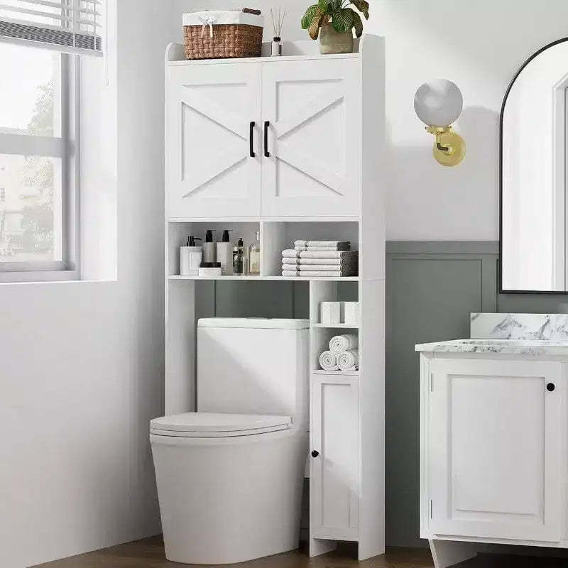 Over Toilet Storage Cabinet with 2 Barn Doors and Holder Stand White Free Standing Bathroom Shelf Space Saver Restroom Laundry