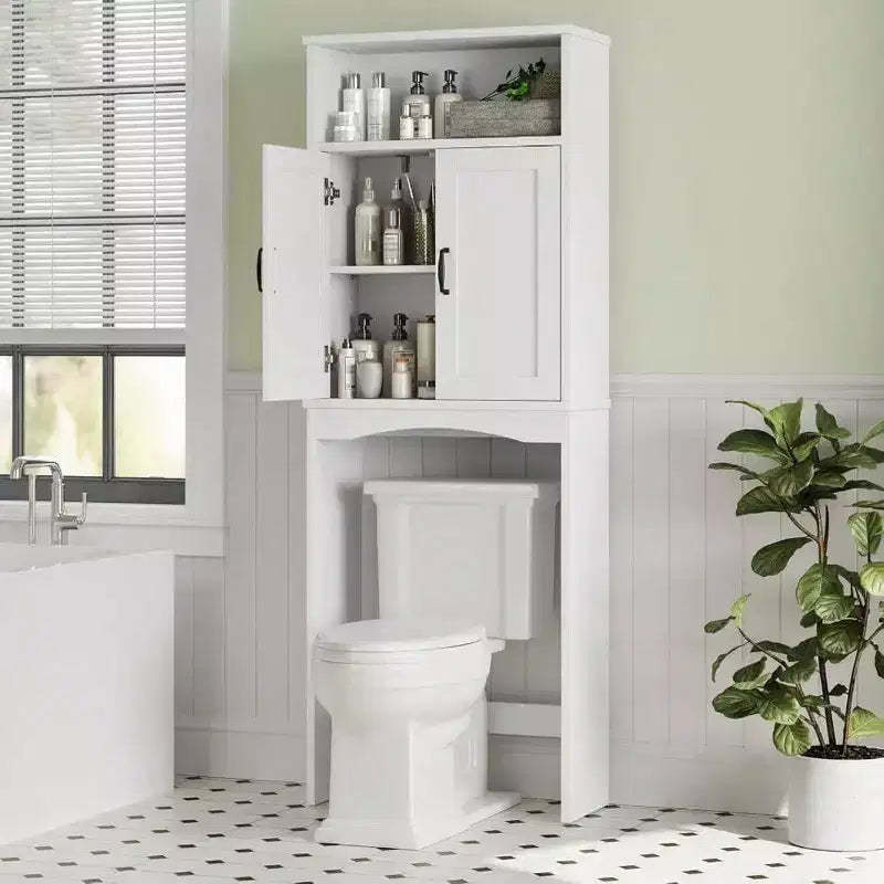 Over Toilet Storage Cabinet Space Saver Shelf White Bathroom Organizer with Adjustable Shelf and Double Doors