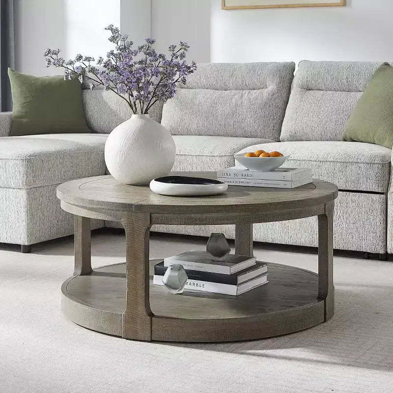 Modern 40 Round Coffee Table with Concealed Wheels, 2-Tier Center Table for Living Room, Office, or Apartment - Panipeachy