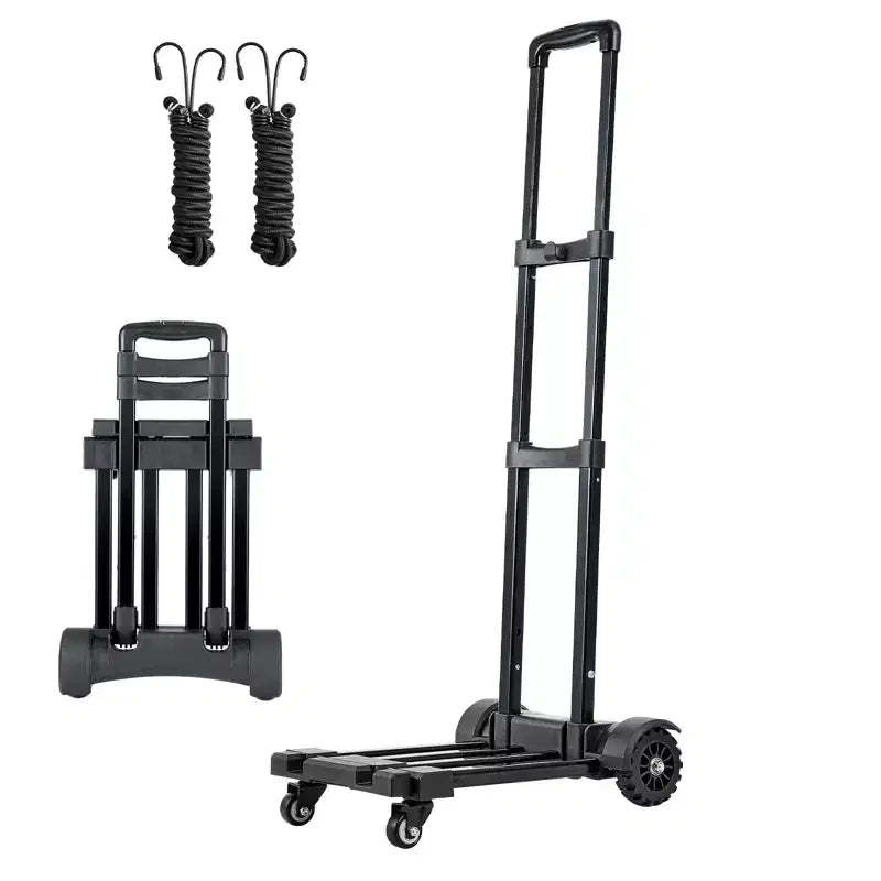 VEVOR Folding Hand Truck, 290 lbs Load Capacity, Collapsible Luggage Cart with 4 Wheels, 2 Elastic Ropes & Expandable Base, Black