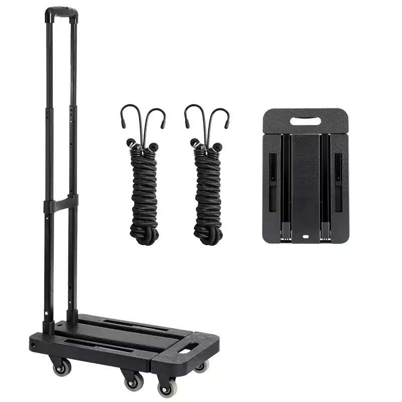 VEVOR Folding Hand Truck, 500 lbs Load Capacity, Collapsible Luggage Cart with 6 Wheels, 2 Elastic Ropes & Expandable Base, Black