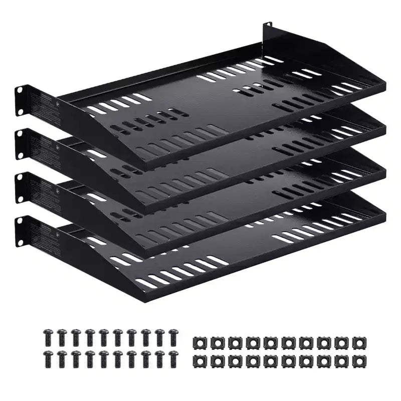 VEVOR 1U Server Rack Shelf, 4 PCS, 50 lbs Max Load-Bearing Vented Cantilever, Wall Mount or Rack Mount Shelf with Tray, 10 in Depth, Black
