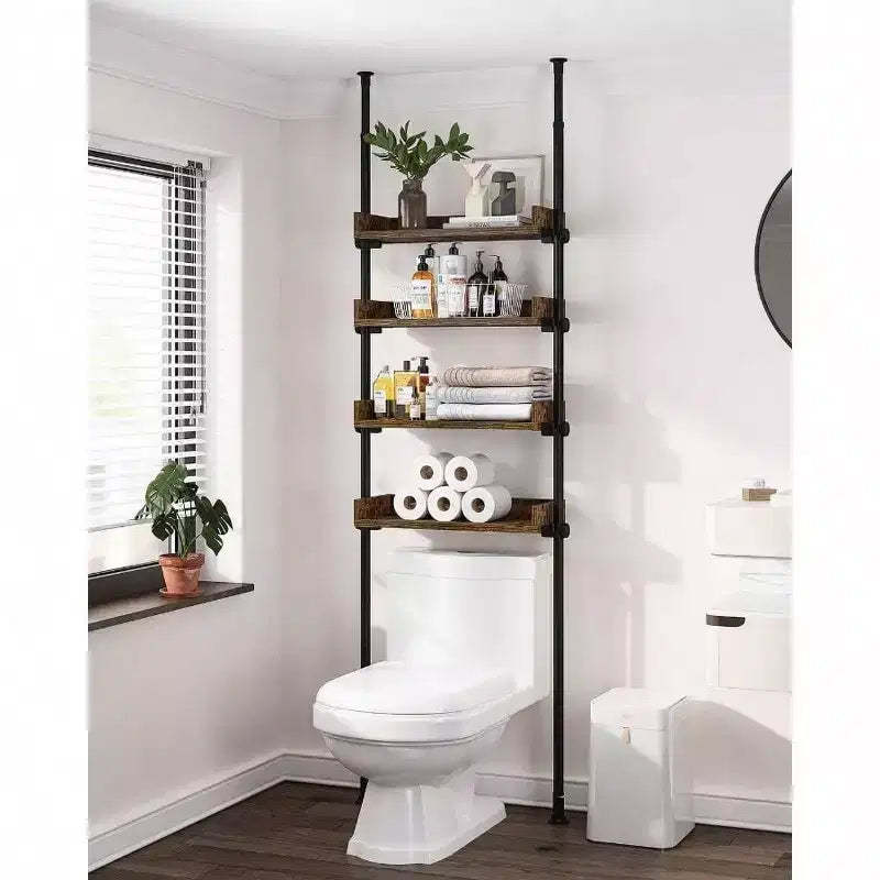 Bathroom Organizer Over Toilet Storage 4 - Tier Adjustable Wood Shelves Small Room Space Saver Narrow Cabinet Rustic Brown
